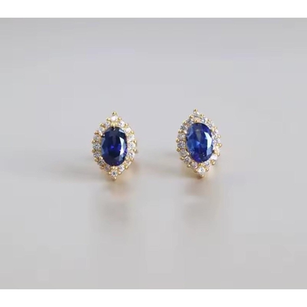 Oval Blue Lab Sapphire Earrings‎ 18k Gold over 925 Silver Halo Studs Dainty